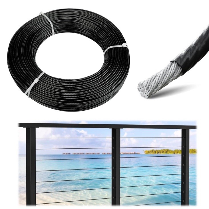 300 Ft Black Vinyl Coated Wire Rope 1/8" Overmolded to 3/16" for Seaside Coastal