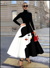 Women's Black & White Graphic Print Turtleneck Long Sleeve A-Line Midi Dress