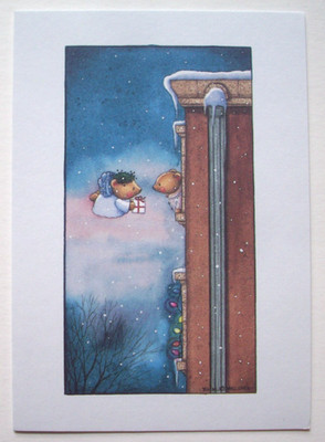 Bear? Angel brings gift  Melcher unsigned  vintage Christmas Greeting Card  *L