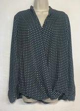 Pleione XL Blouse Blue Black Long Sleeve Surplice Top