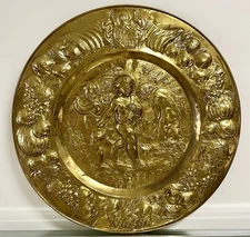 Large 29” Ornate Brass Wall Charger | Repousee Cherubs & Fruit Rococo Style