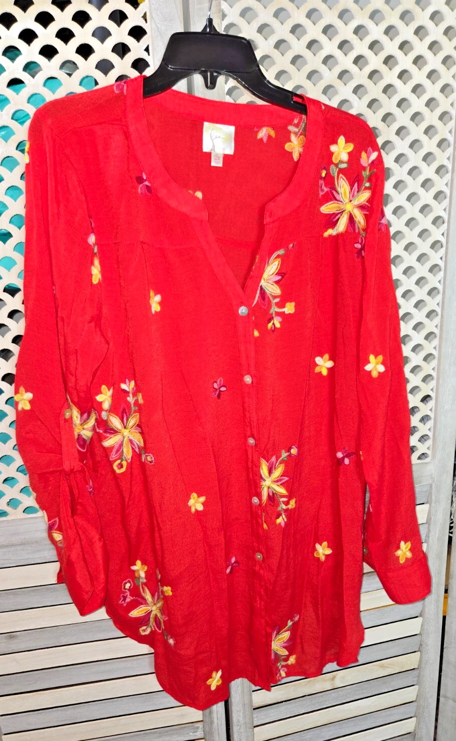Fig and Flower Orange Floral Embroidered Long Sleeve Button Blouse Womens 2LX