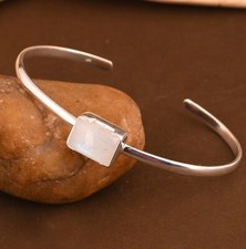 Rectangular Rainbow Moon Stone Set Fine Sterling Silver Cuff Handmade Jewelry