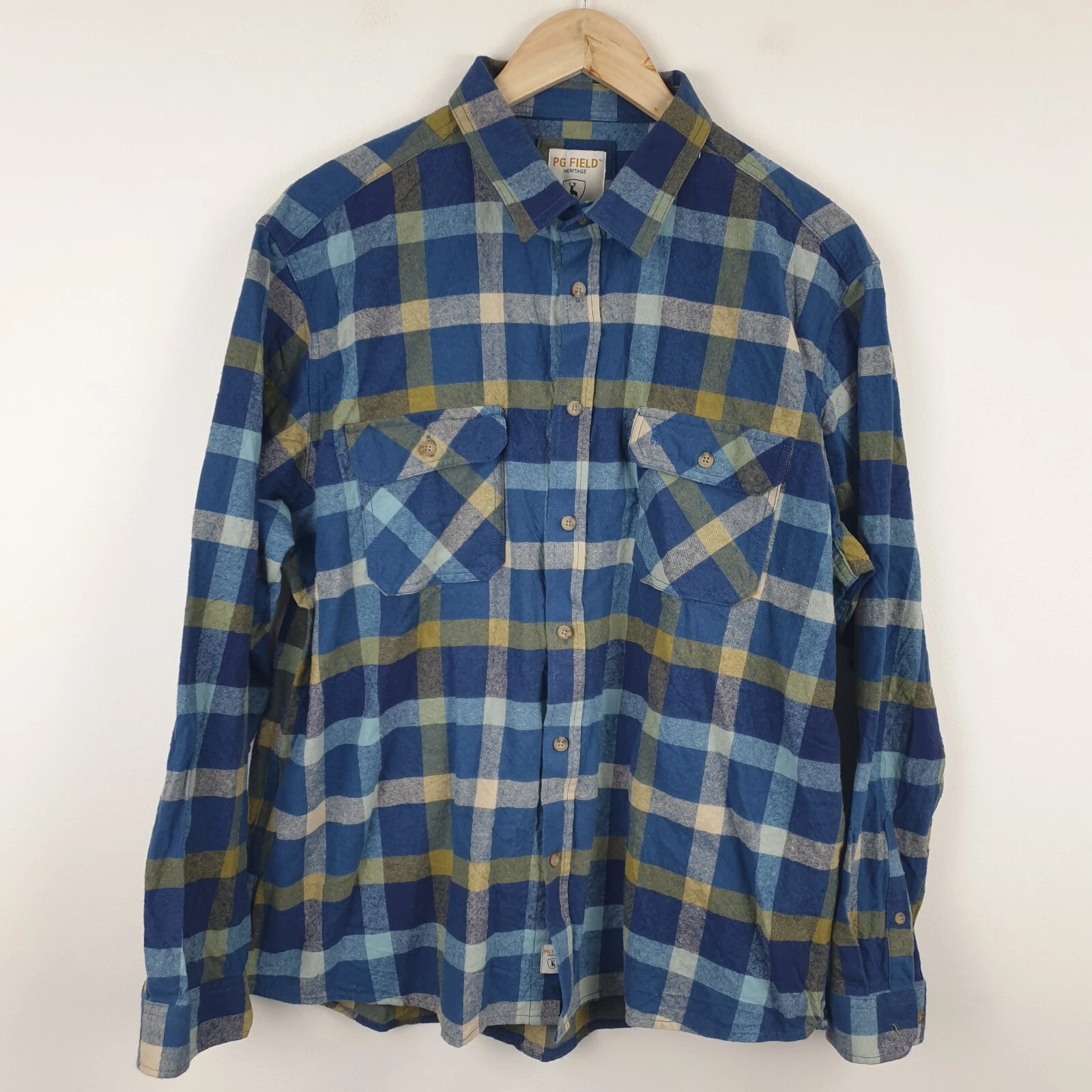 P.G FIELD Flannel Shirt Mens XL Blue Checked Plaid Outdoors 100% Cotton