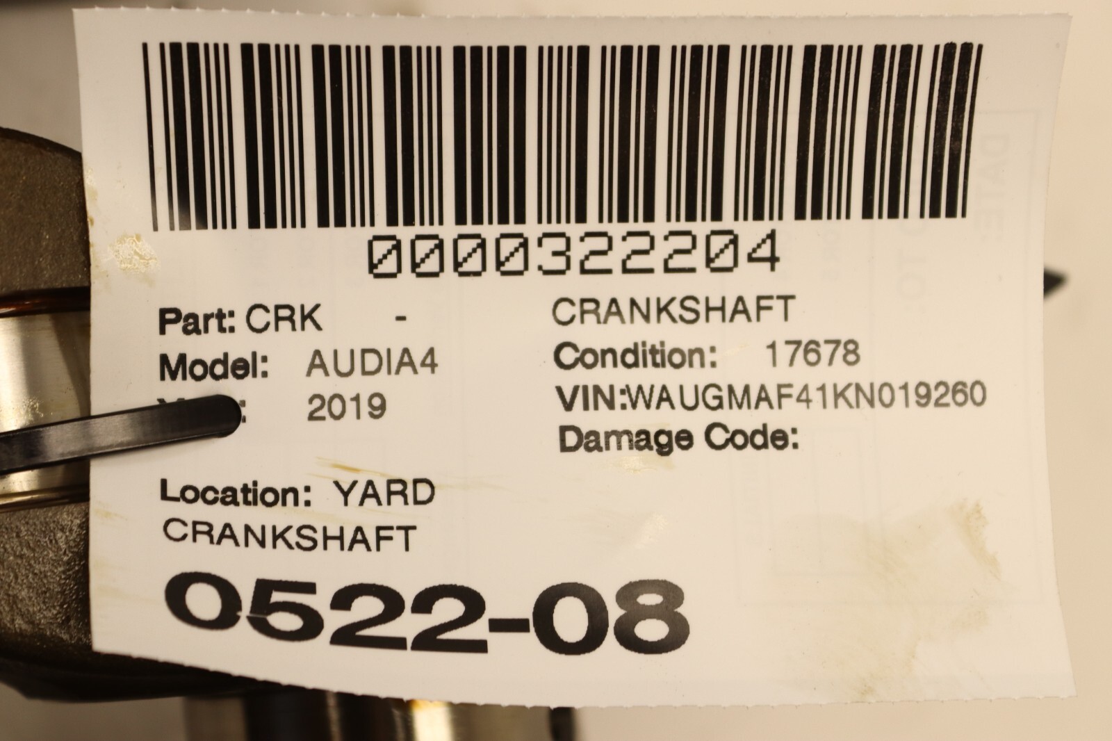 2017-2020 AUDI A4 B9 2.0L TFSI GAS FWD ENGINE MOTOR CRANKSHAFT OEM