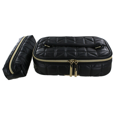 Navy & Moss Quilted Zippered 2-Piece Cosmetic Case Organizer, Black
