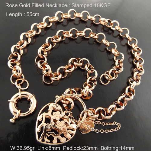 Real 18K Rose Gold Filled Belcher Antique Padlock Necklace Chain Boltring 55cm