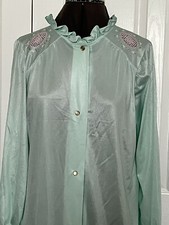 Vintage Katz Robe Housecoat Pockets Mint Green Snap Front Embroidered Details M