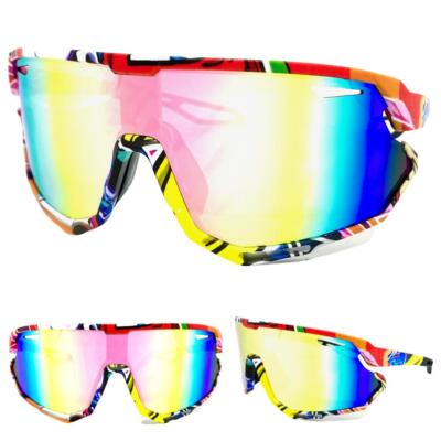 Übergröße Retro Sportlich Wrap Shield Fahrrad Sonnenbrille Groß Graffiti Gerahmt