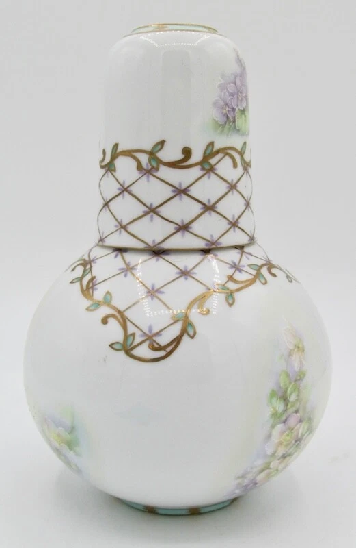 Jarra y taza de noche de porcelana rosa y púrpura floral con celosía dorada Foto 2 de 4