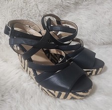 LOFT Womens sz 8.5 Espadrille Sandals Wedge Heel Black Strappy Ankle Strap