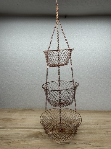 Vtg 3 Tier Copper Wire Mesh Hanging Round Fruit Basket Kitchen Storage 36"