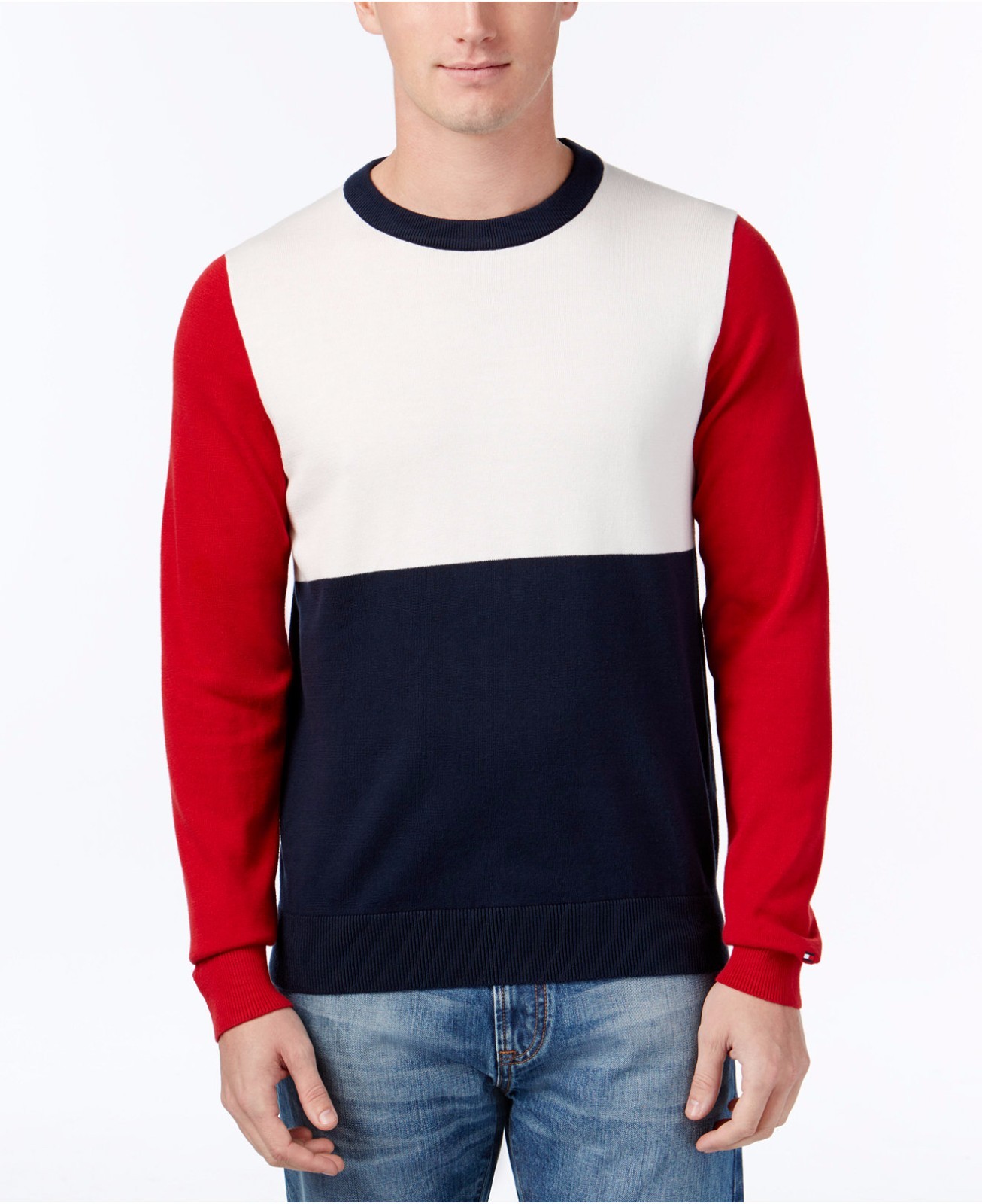 $89 NWT TOMMY HILFIGER MEN CREW NECK COLORBLOCK SWEATER MEDIUM M BLUE RED  WHITE | eBay
