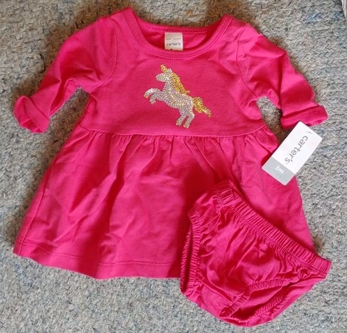 Carter's Baby Jersey Dress W/ Diaper Cover. Pink. Unicorn. Sz 3m. NWT.