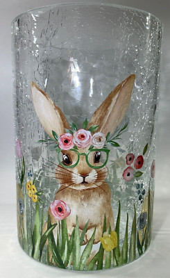 Yankee Candle 7'' Easter Bunny Floral Gold Eggs Crackle Glass Candle Holder NIB 