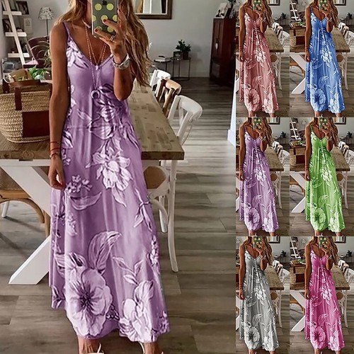 Summer Women Floral Long Dress Ladies Boho Beach Holiday Maxi Cami Dress - Picture 4 of 59