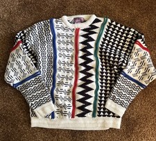 VTG Colorful 3D Textured Sweater Sz Medium Cosby Grandpa Geometric Concrete Mix