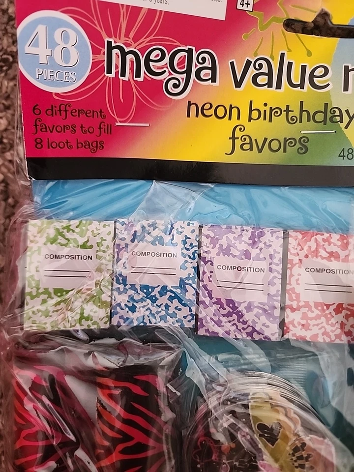 Neon 80's Birthday Favors Mega Pack 48pc Balls Glasses Tops Notepads Prisms - Image 2 of 4