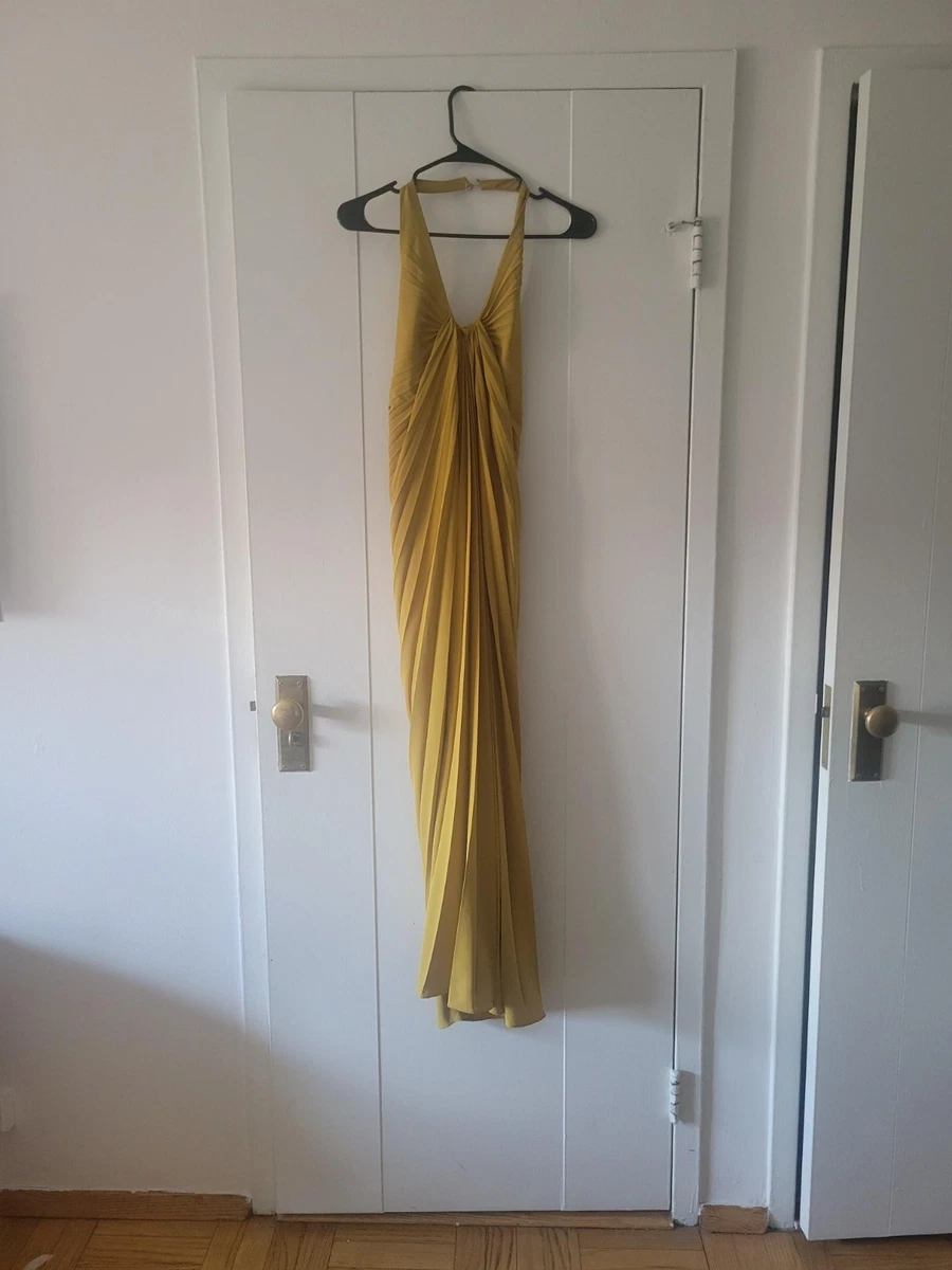 slim fit dress slacks Anthropologie Dress Large Womens Yellow Maxi Halter Neck Gold Chiffon Belted