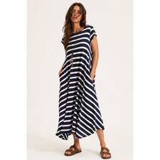 Saga Italy Maxi Dress Women L Blue White Striped Nautical Sailor Lagenlook