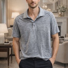 Lululemon Men's Vent Gray Polo Shirt EUC size Large Golf Tennis Prep