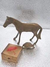 VTG Brass Horse & Armadillo Figurine Sculpture Unpolished Beauty & Keepsake Box