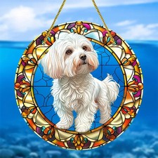 Acchiappasole Cane Maltese Bianco Vibrante Effetto Vetro Colorato Decorazione da Appendere Regalo