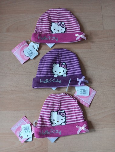 NEU 3 Stück Mädchen👧Mütze 46/48 Hello Kitty Rosa/lila Gestreift Kopfbedeckung