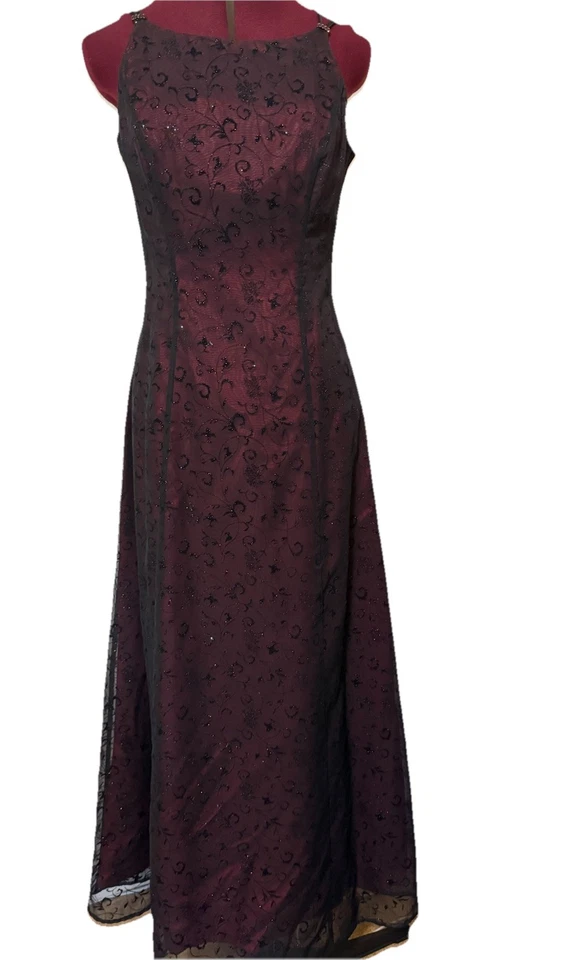 VTG Betsy & Adams Velvet Glitter Overlay Dress Size 6 Burgundy Y2K Prom Romantic - Image 3 of 4