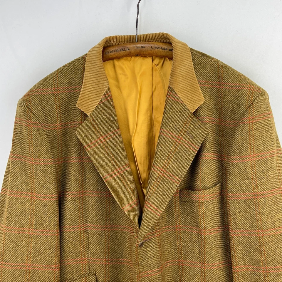 Crombie Tweed Sports Jacket Mens 46R Green Check Wool Corduroy Hacking Blazer - Image 4 of 4
