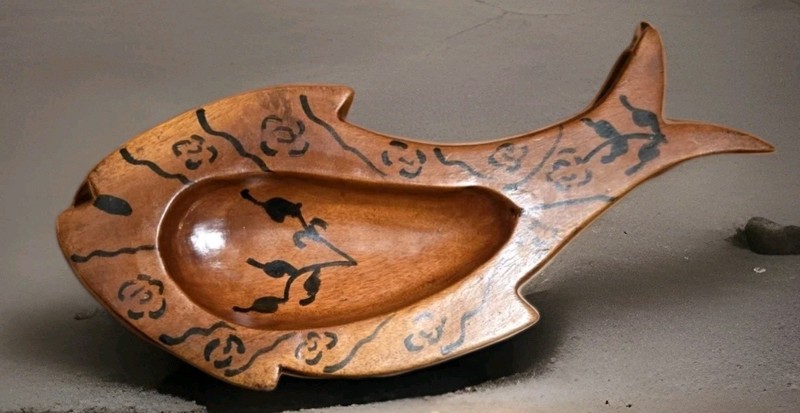 Hand Carved Fish Bowl Island Tiki Theme Wooden Server Dish Tray MCM 