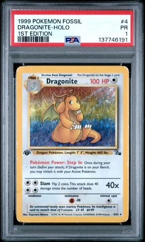 1999 POKEMON FOSSIL 1ST ED #4 DRAGONITE-HOLO PSA 1