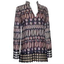 Tory Burch Semi Sheer Floral V-Neck Tunic Blouse Purple Black Size 0