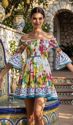 Antica Sartoria 2026 Pink Flower Lemon  Blue Off Shoulder Smocked Top Dress O/S