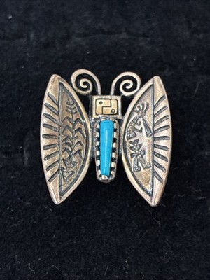 Vintage Navajo Sterling Silver W/14K Overlay Butterfly Ring Signed Sz 8.5