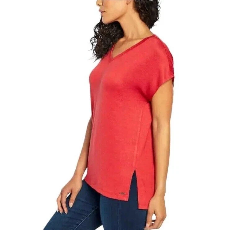 Orvis Mujer Túnica Punto Cuello en V Top Talla XL Rayón Manga Corta Arcilla Quemada Rojo Foto 2 de 4