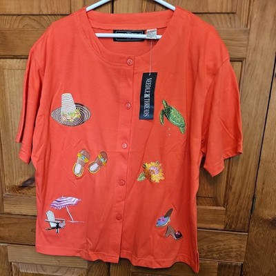 Needle & Threads Vintage 1X  Button Front Short Sleeve  Embroidered Beach NWT