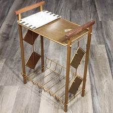 Vtg MCM Ashtray Metal Stand Faux Wood Diamond Magazine Rack Side Table