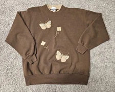 Vintage Grandma Crewneck Sweatshirt Sz XL Butterfly Flowers Double Collar Brown