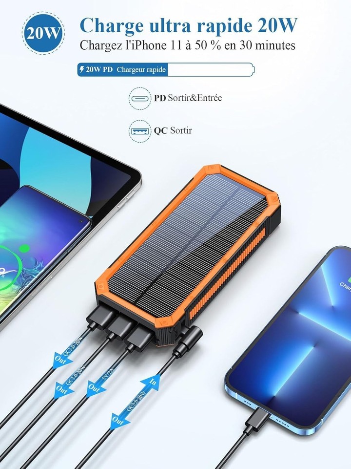 Solar Charger 20000mAh Power Bank, Portable Panel with Orange | eBay UK