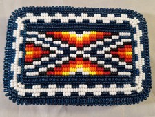 Vintage Lg Handmade Native American Seed Beaded Hide Belt Buckle Blue Geometric