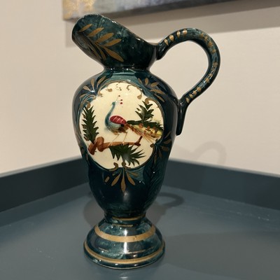 H Bequet Quaregnon Belgium Vase Pitcher Bird of Paradise Green Gold Trim 8'' Vtg