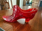 Vintage Fenton Red Art Glass Shoe Slipper Cabbage Rose 5" Figurine