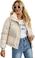 Damen Winterjacke Gesteppt Kurz Warm Daunenoptik Ohne Kapuze Beige M