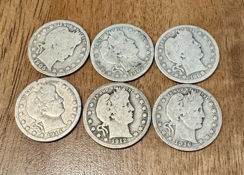 6x lot - 90% SILVER BARBER QUARTER  1905, 1907, 1908, 1914, 1912, 1916 US Coins