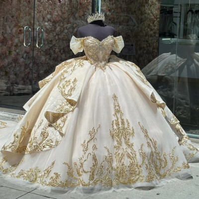 Champagne Ball Gown Quinceanera Dresses Gold Applique Beading Tiered Sweet  16