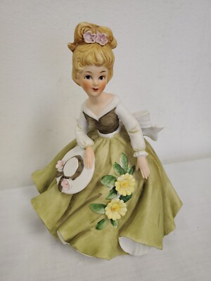 Vintage Giftcraft 6 3/4'' Girl Figurine Green Dress w Flowers Holding Hat