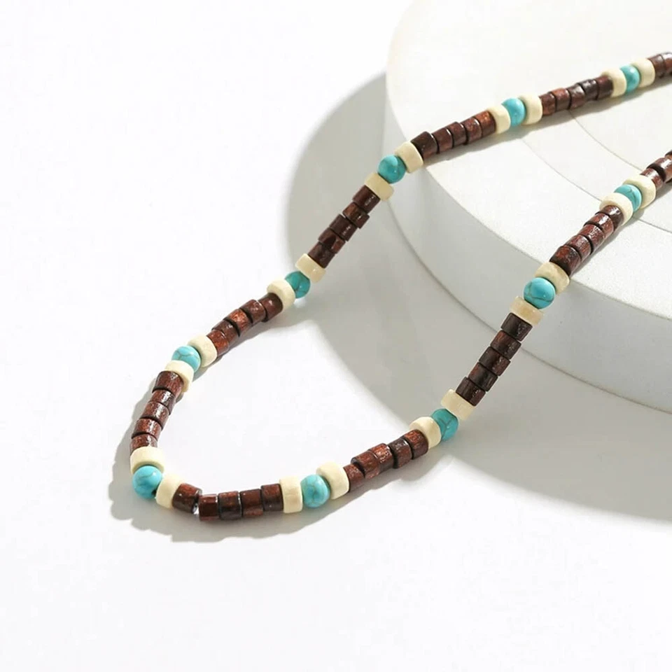 Collar de surfista bohemio para hombres - Cuentas de madera y turquesa, ajustables 18"+2.7" Foto 2 de 4