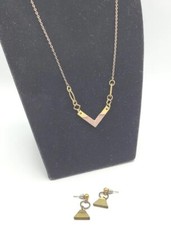 Brass  Leather Accented Abstract Necklace  Matching Drop Pierced Earrings Set