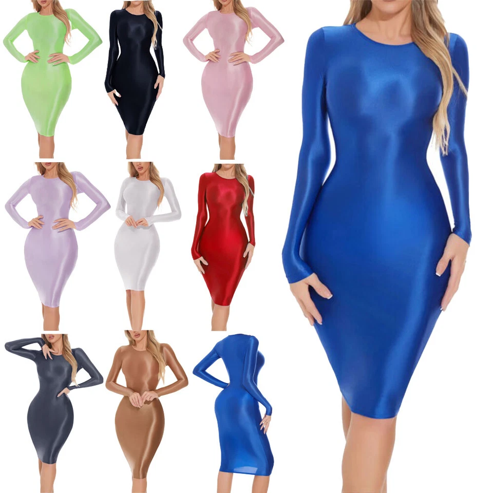 MARKENLOS DE Damen Öl Glossy Kleid Langarm Bodycon Kleider Glänzend Sexy Casual Dessous